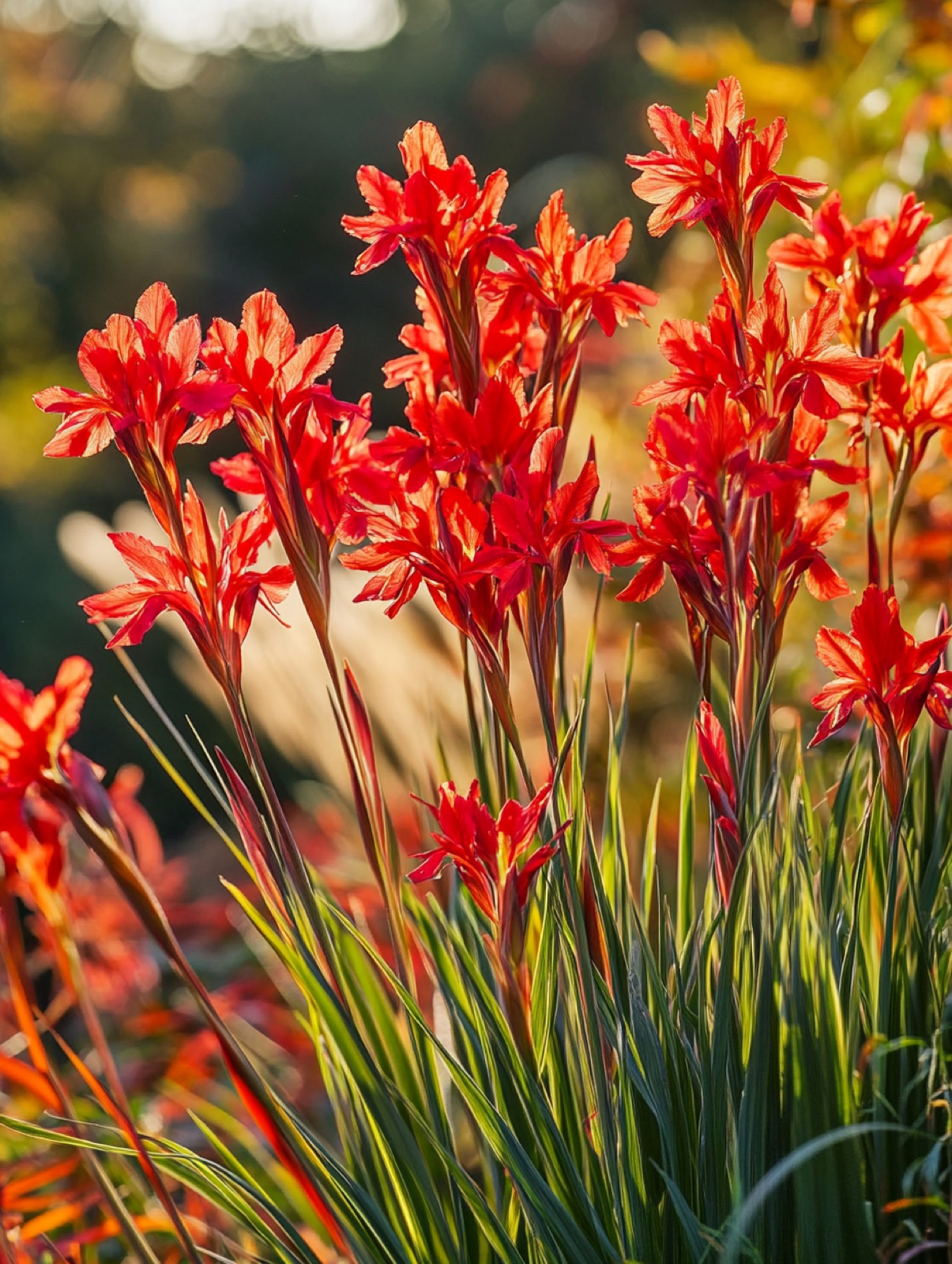 Hesperantha coccinea — scharlakenrode bloemen boven grasachtig blad in oktobergouden licht