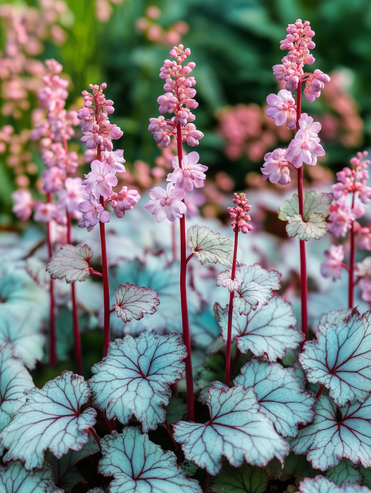 × Heucherella Tapestry — blauwgroen gelobd blad met wijnrode tekening en roze bloemaren