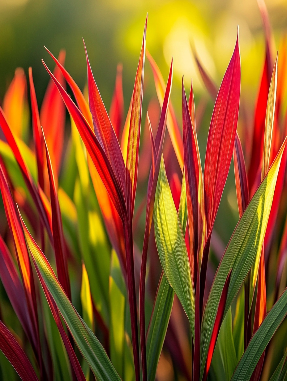 Imperata cylindrica Red Baron — rechtopstaand gras met bloedrode bladpunten die in tegenlicht oplichten