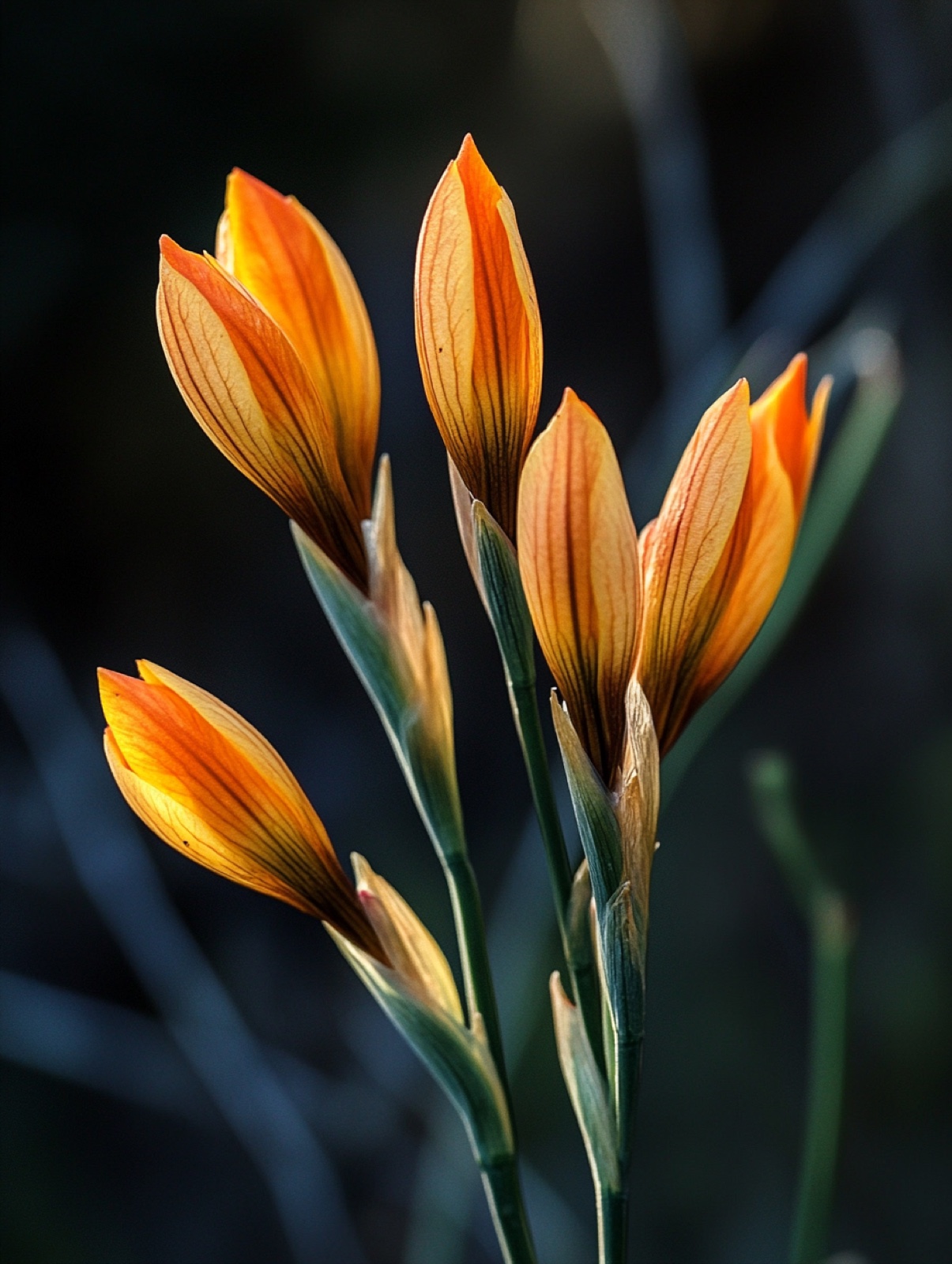 Iris foetidissima — opengesprongen zaaddoos met felorange zaden boven wintergroen zwaardvormig blad
