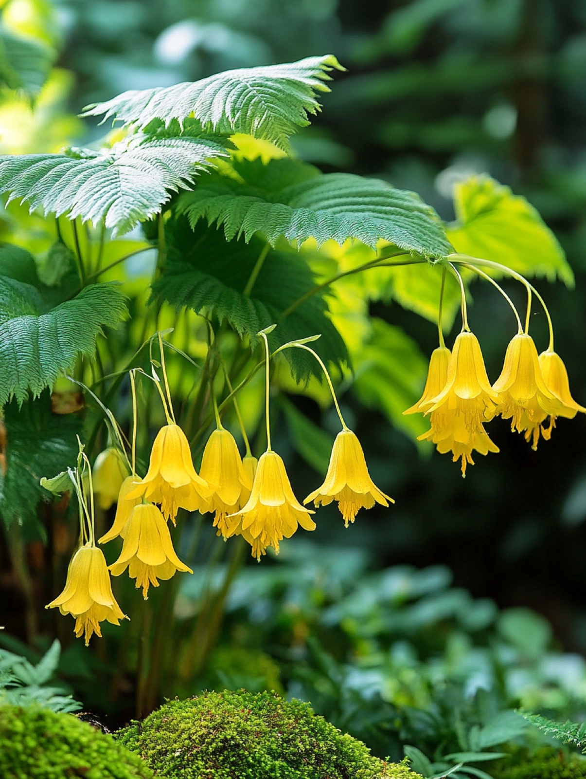 Kirengeshoma palmata — knikkende gele klokjes boven palmvormig blad