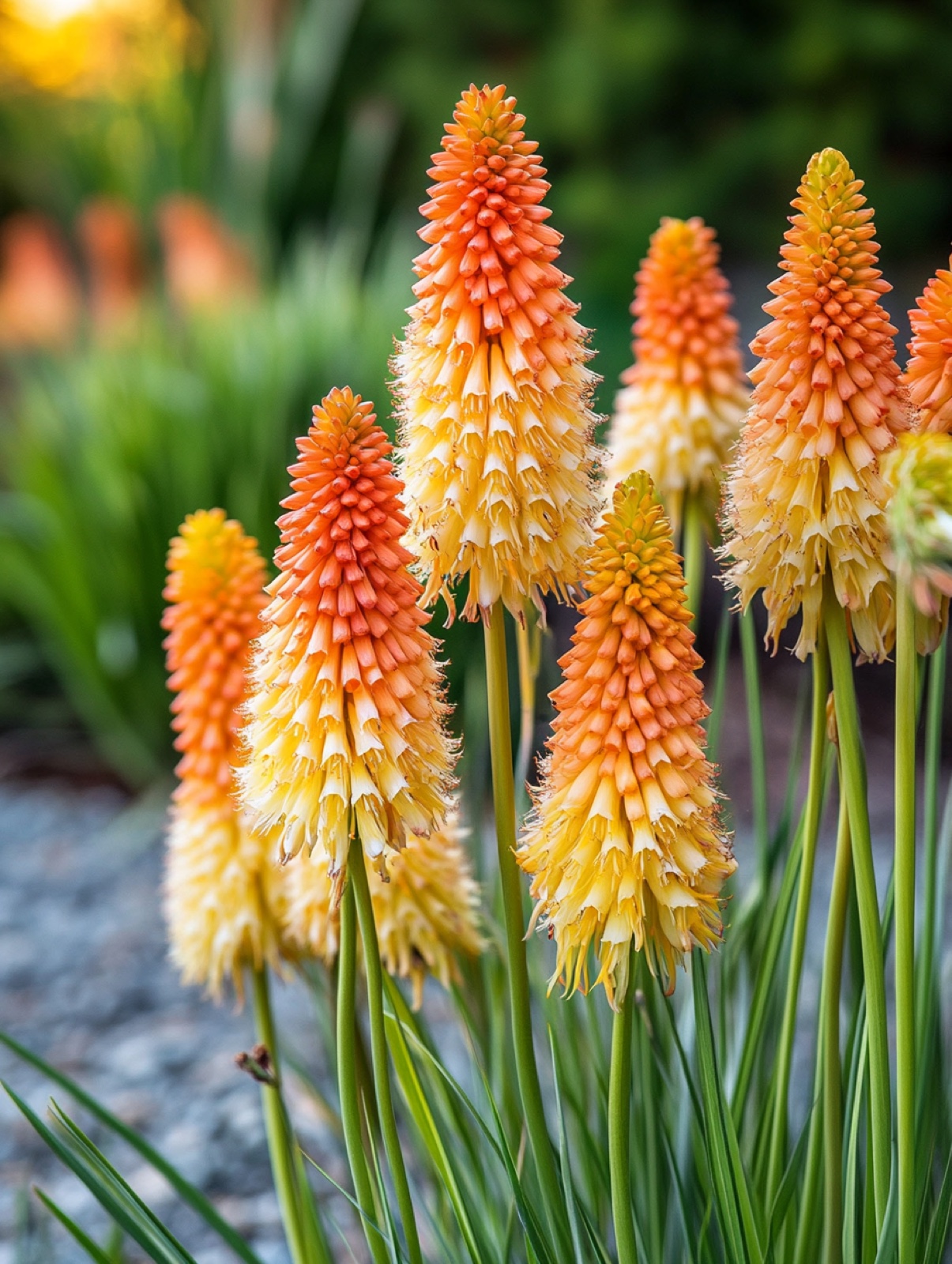Kniphofia uvaria — oranje-gele bloemfakkels oprijzend boven grasachtig blad in warm zomerlicht