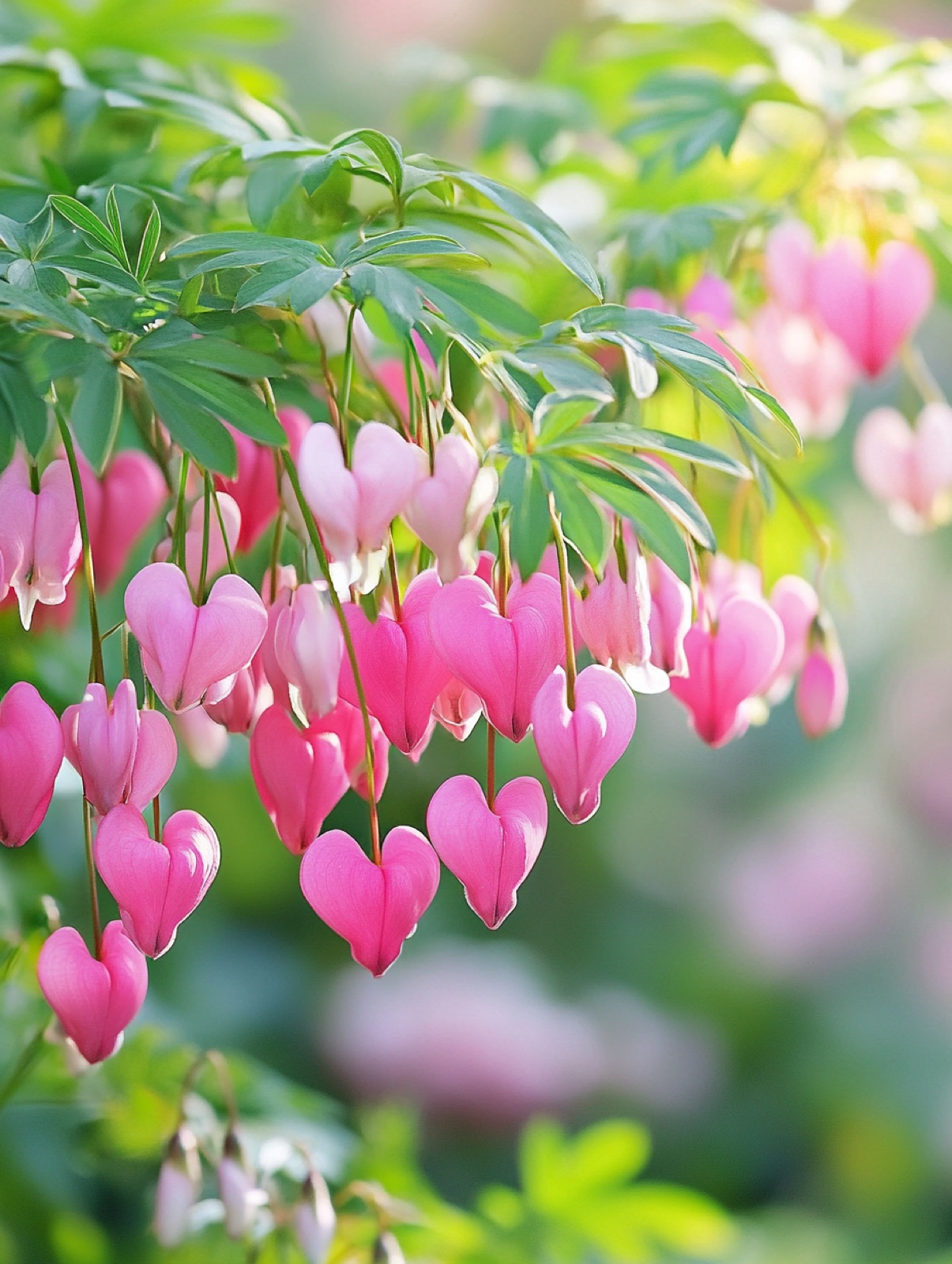 Lamprocapnos spectabilis — rij roze hartvormige bloemen hangend aan sierlijk gebogen stengel