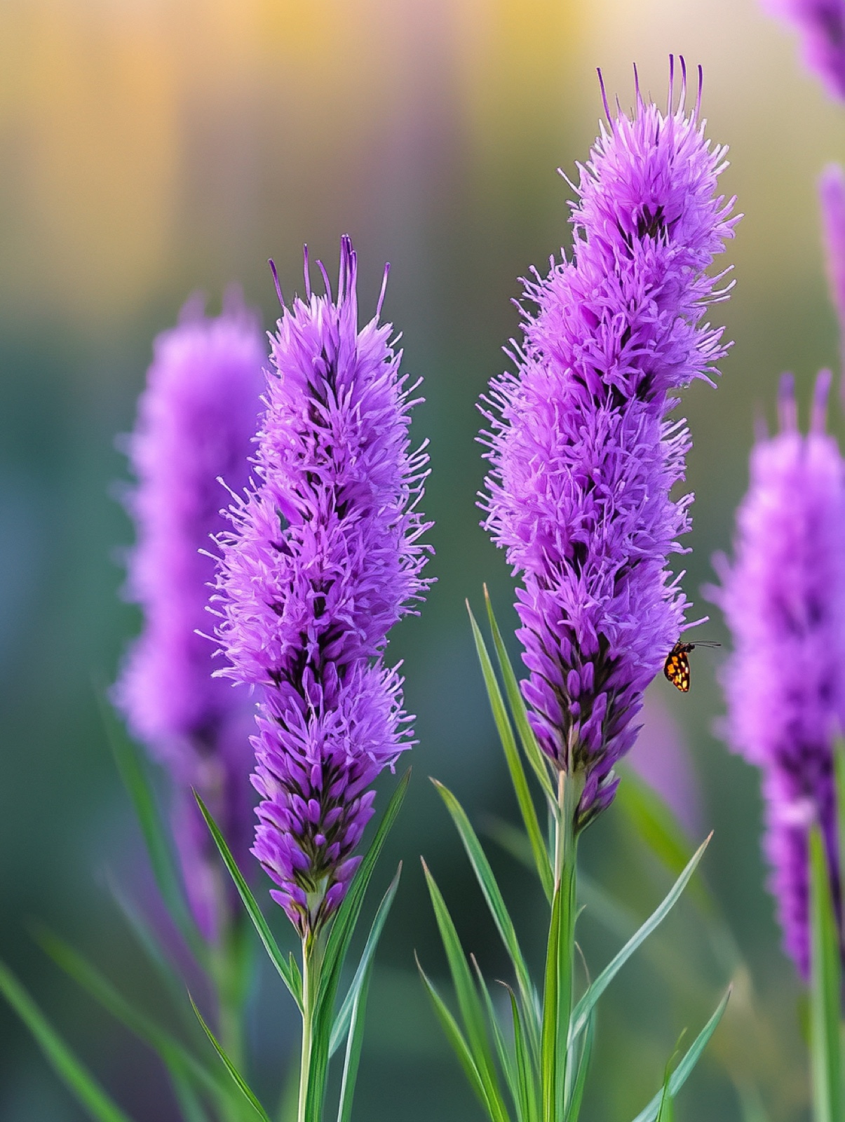 Liatris spicata — rechtopstaande paarse pluizige bloemaren boven grasachtig blad, bezocht door vlinders