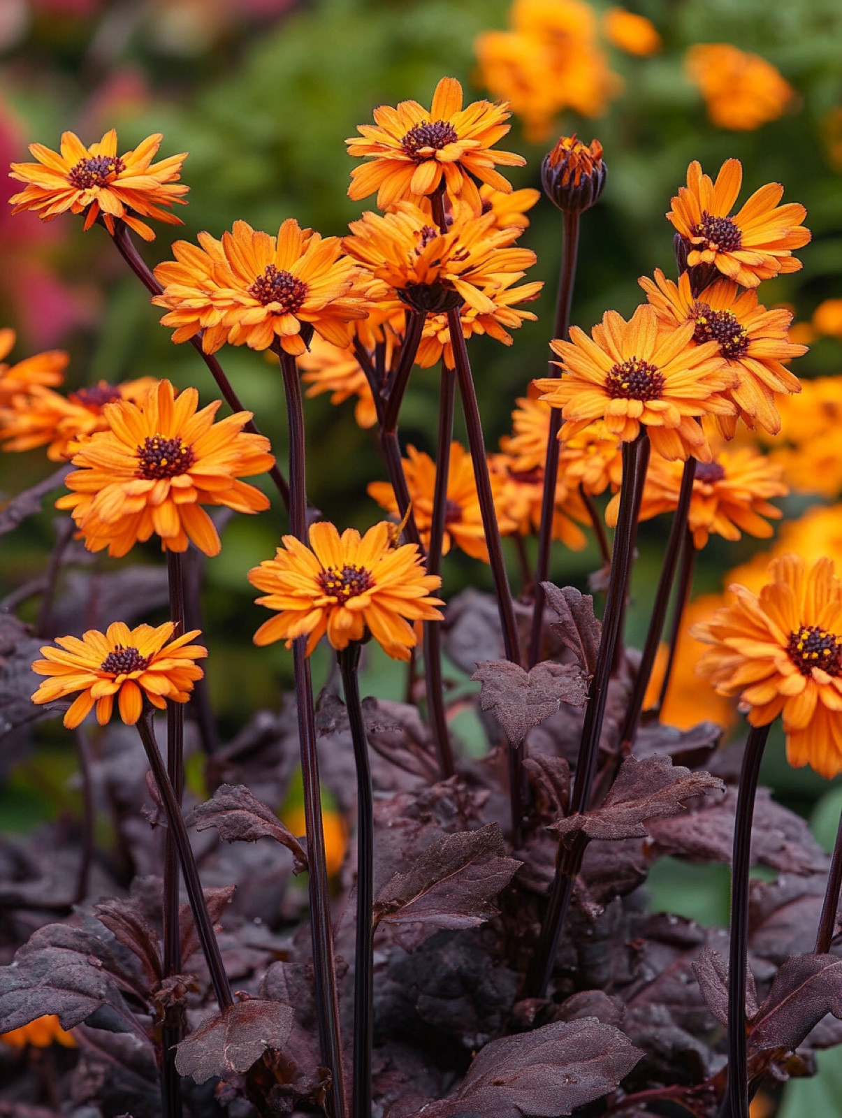 Ligularia dentata "Desdemona" — grote purperrode bladeren met oranje bloemtrossen langs vijver