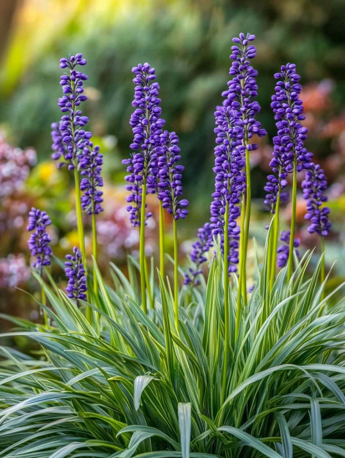 Liriope muscari — violette bloemaren boven donkergroen grasachtig blad in nazomerschaduw