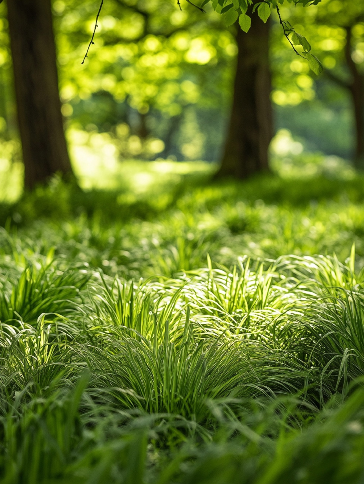 Luzula sylvatica — brede glanzende wintergroene graspollen op beschaduwde bosbodem