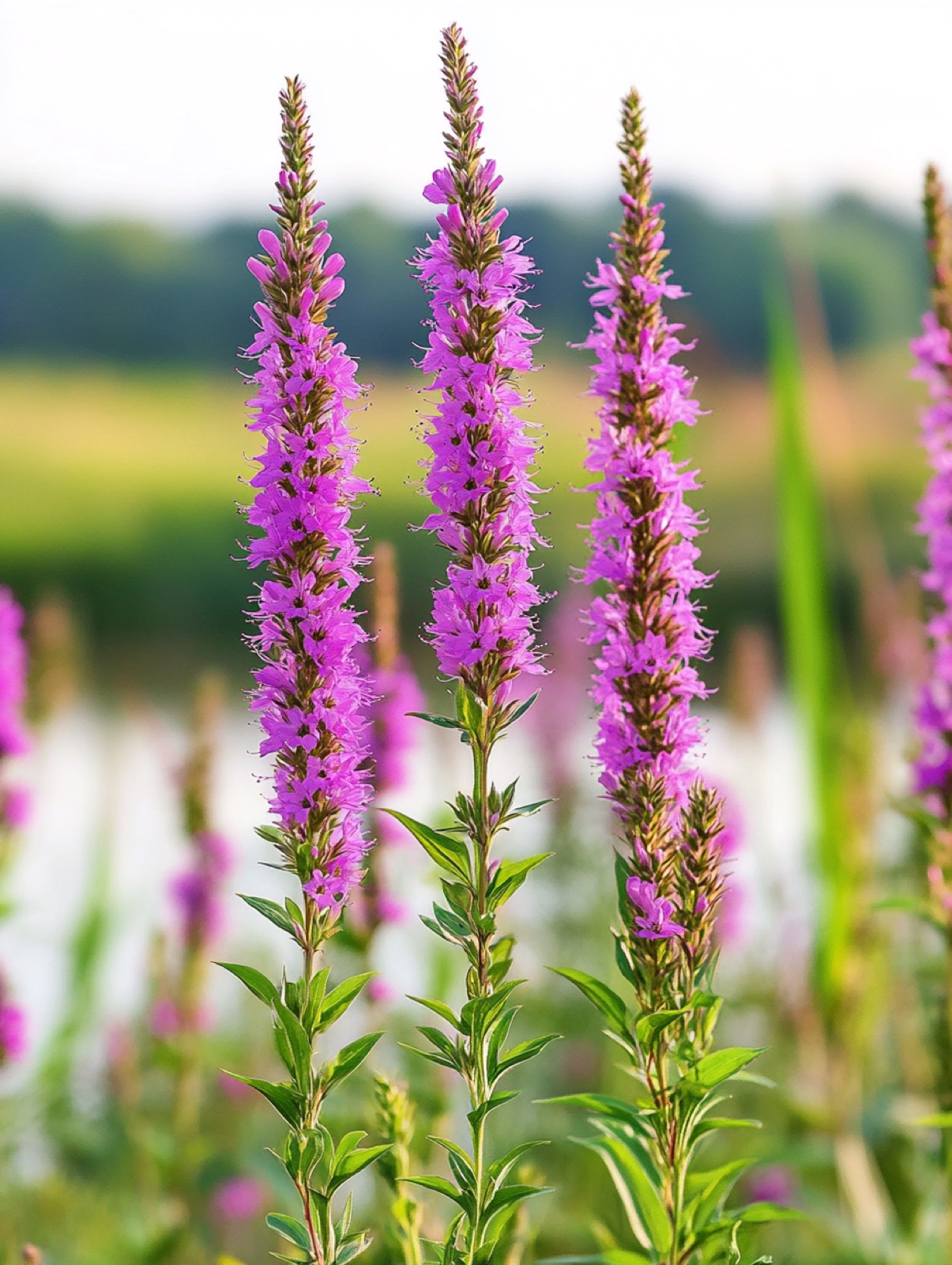 Lythrum salicaria — rechtopstaande roze-paarse bloemkaarsen aan de waterkant, bezocht door vlinders