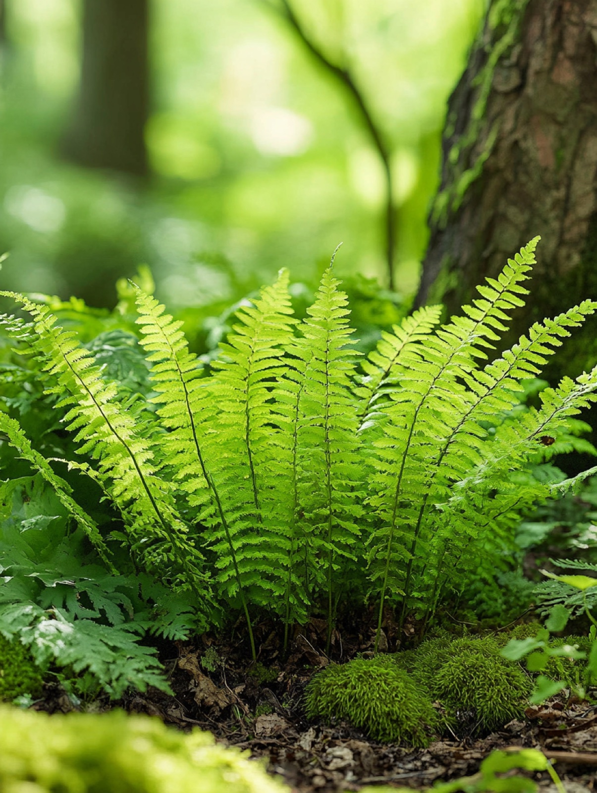 Matteuccia struthiopteris — verticale groene bladtrechters vormen fonteinen in het schaduwbos