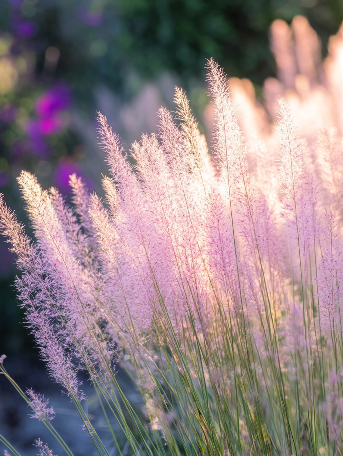 Muhlenbergia capillaris — roze-paarse wolk van fijne bloempluimen boven smal groen blad in herfstlicht