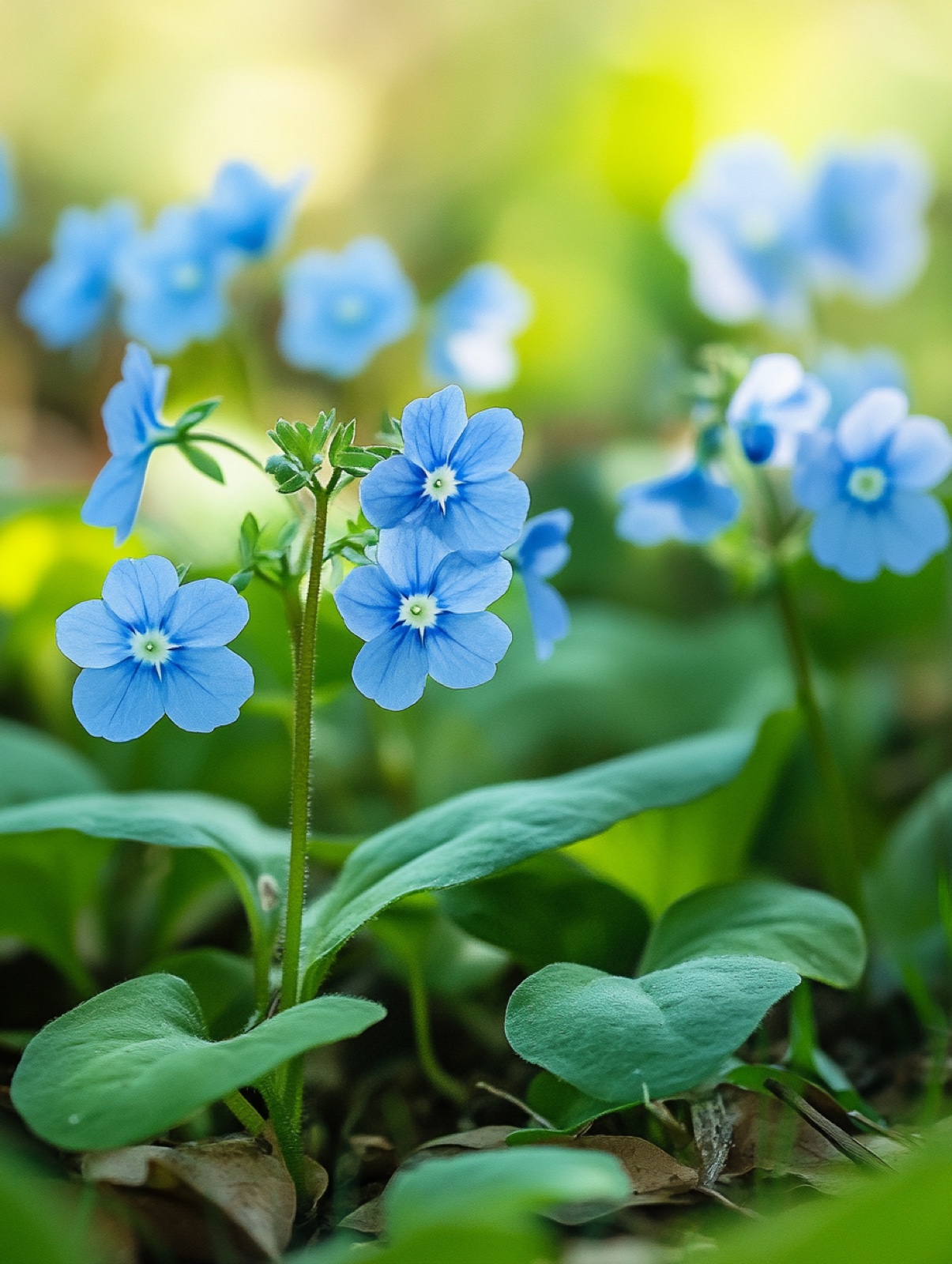 Omphalodes cappadocica — laag tapijt met wolk van helderblauwe bloempjes met wit oog boven spits groen blad