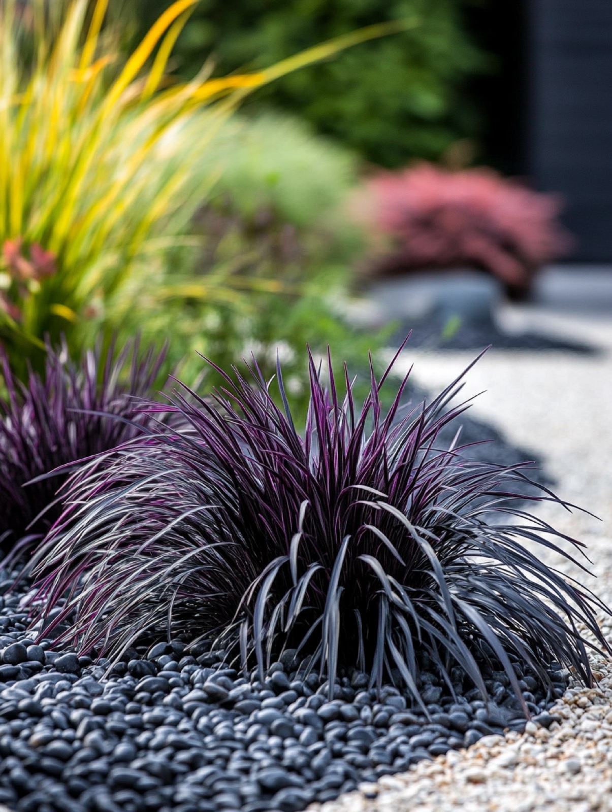 Ophiopogon planiscapus 'Niger' — zwarte grasachtige pollen met glanzend blad als grafisch tapijt