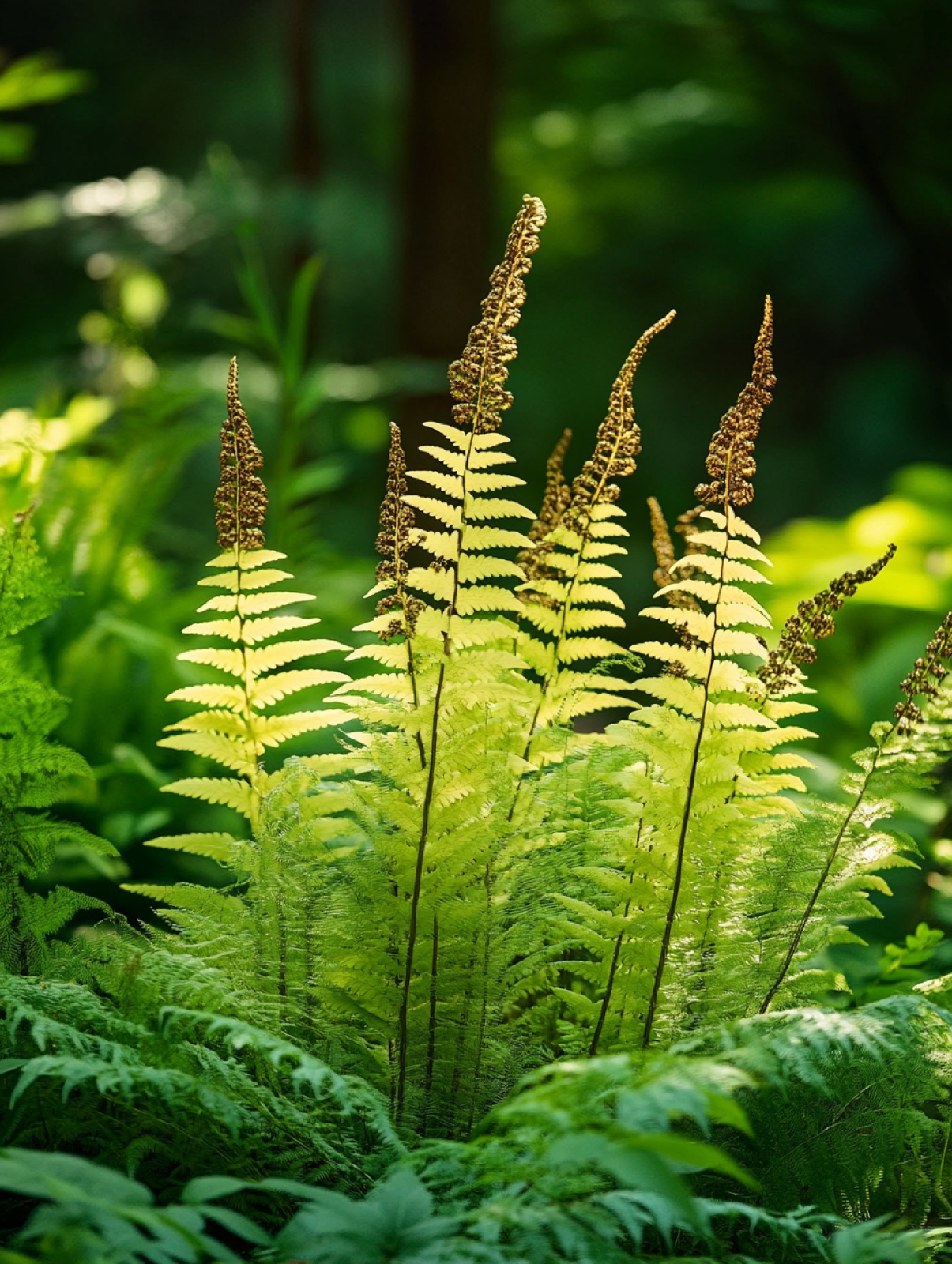 Osmunda regalis — grote lichtgroene gevederde bladen boven vochtige vijverrand