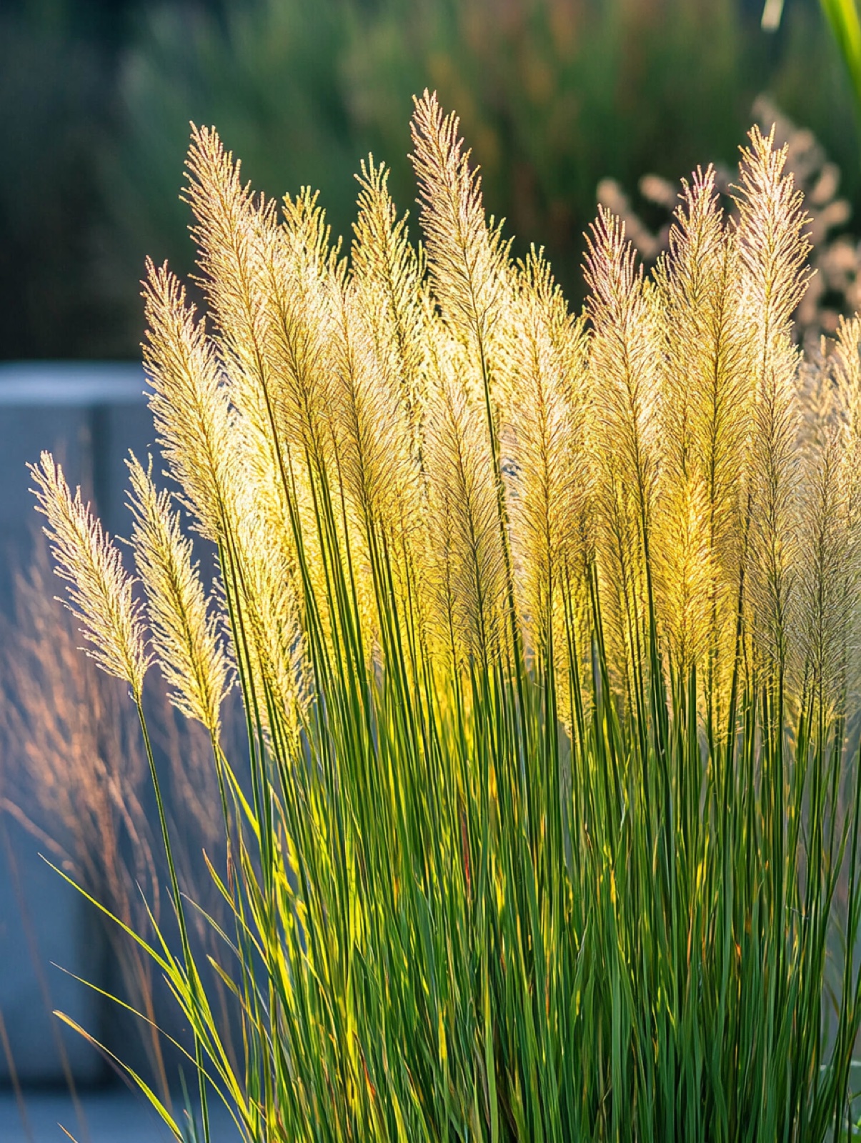 Panicum virgatum 'Northwind' — strak verticaal met fijne pluimen tegen ochtendlicht