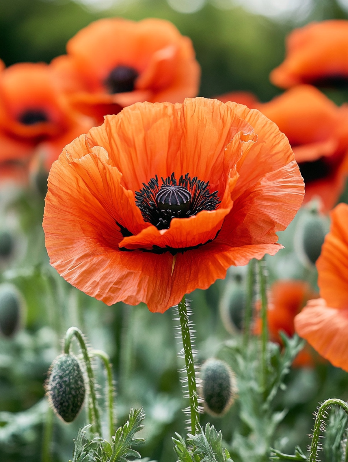Papaver orientale — enorme oranjerode zijdeachtige bloemen met zwart hart boven ruig grijsgroen blad