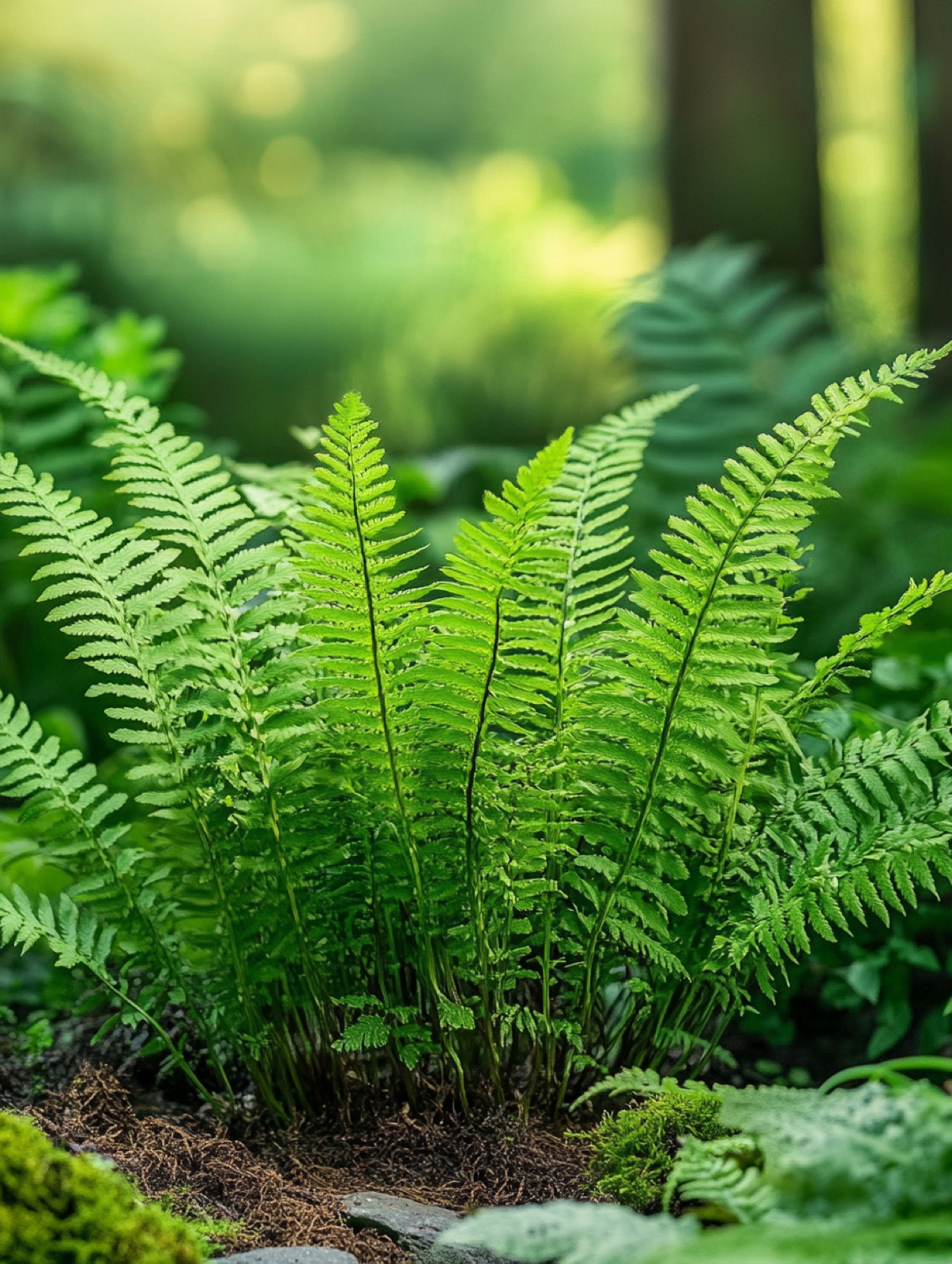 Polystichum setiferum — wintergroene fijn gevederde varenbladen in zachte trechter op beschaduwde bosgrond