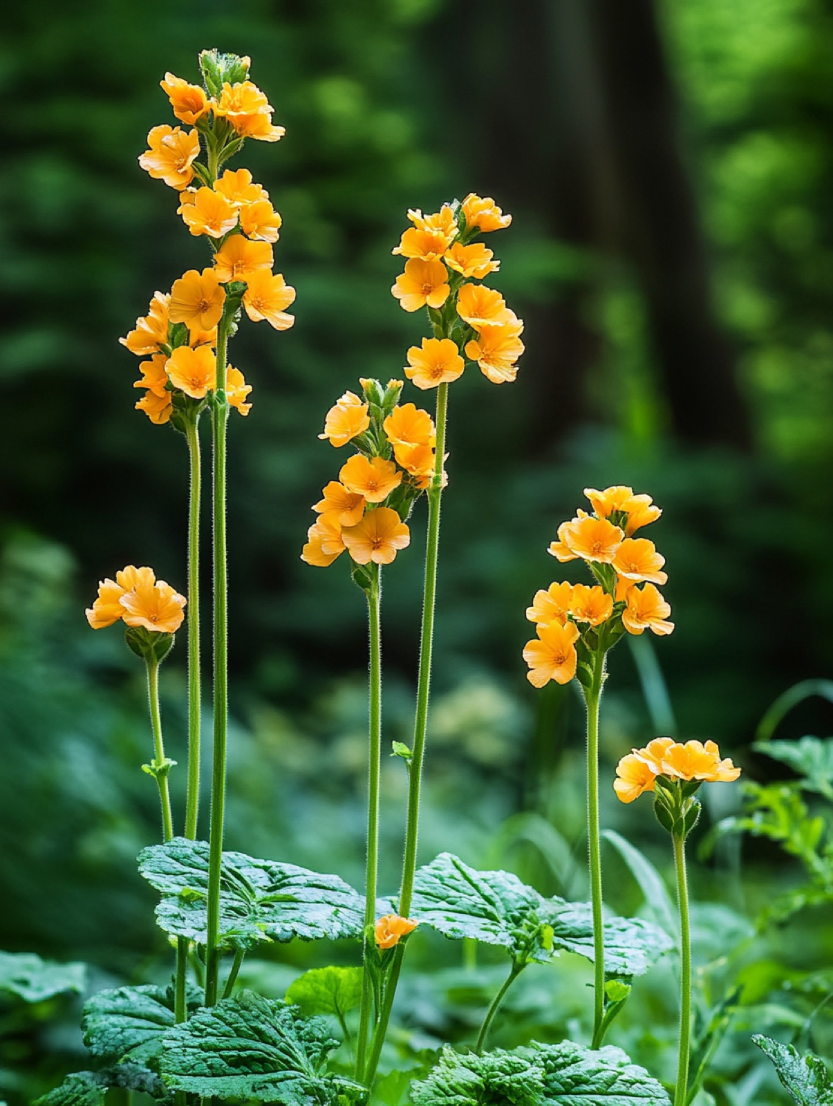 Primula bulleyana — rechte stengels met verdiepingen van oranjegele bloemkransen boven rozetblad