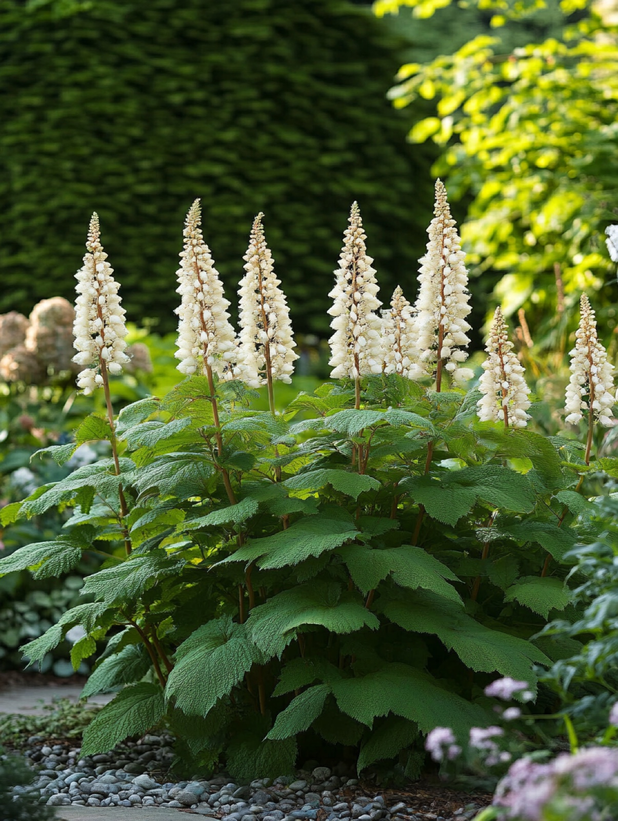 Rodgersia aesculifolia — groot handvormig gedeeld blad met roomwitte bloempluim aan waterkant