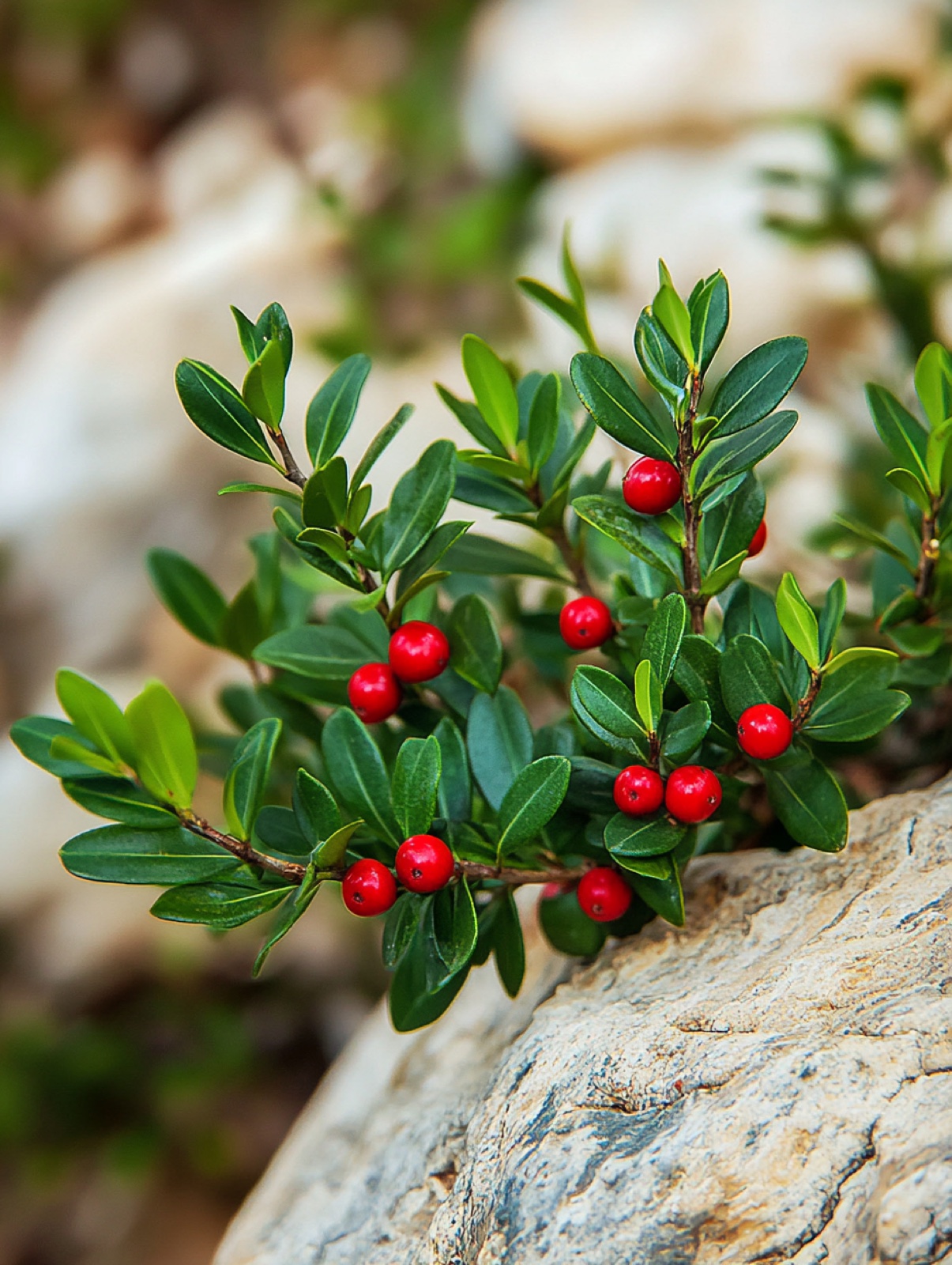Ruscus aculeatus — stijf wintergroen struikje met stekelige schijnbladeren en helderrode bessen in bosschaduw