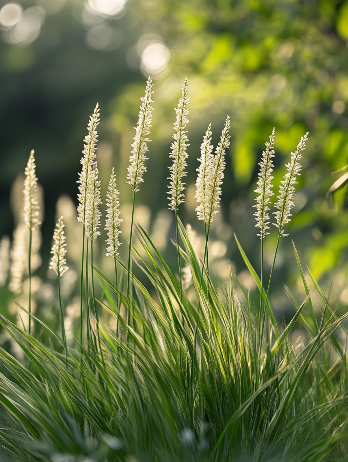 Sesleria autumnalis — frisgroene lage graspollen met lichte aren, egaal matrixveld in zacht licht