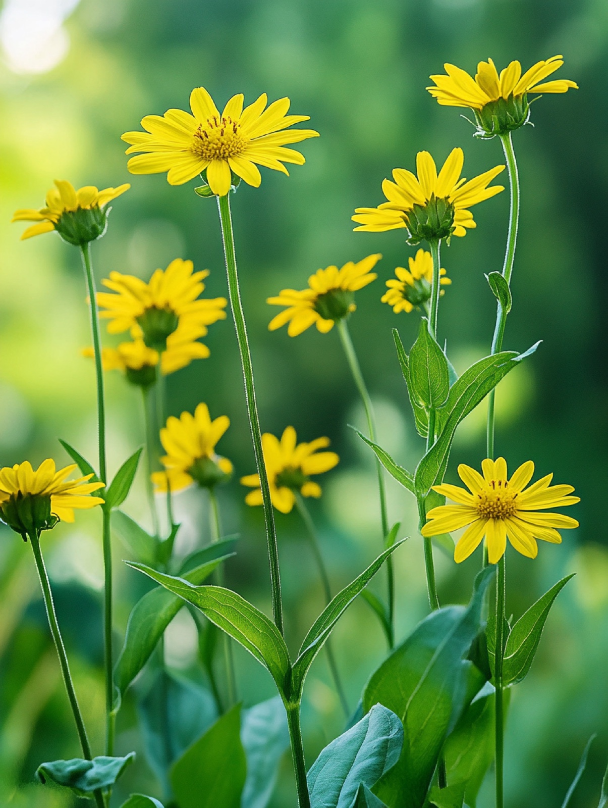Silphium perfoliatum — hoge vierkante stengels met gele bloemen en grote bladeren die om de stengel een waterbeker vormen
