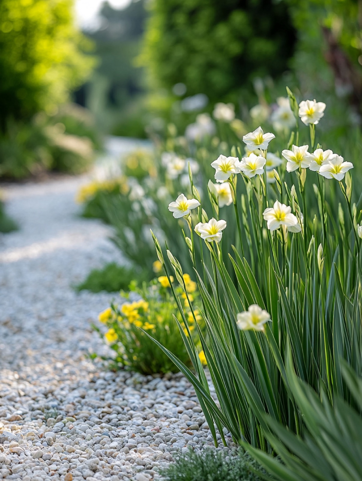 Sisyrinchium striatum — verticaal grijsgroen blad met crème stervormige bloemen