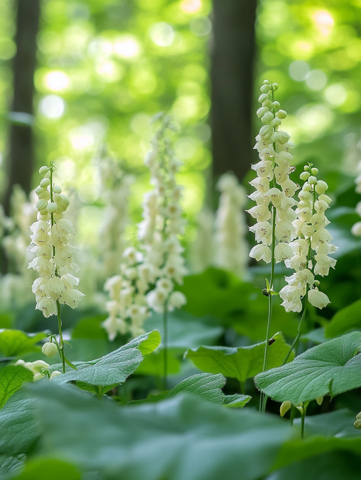 Tellima grandiflora — ijle aren met kleine crèmegroene gefranjerde klokjes boven rond behaard blad