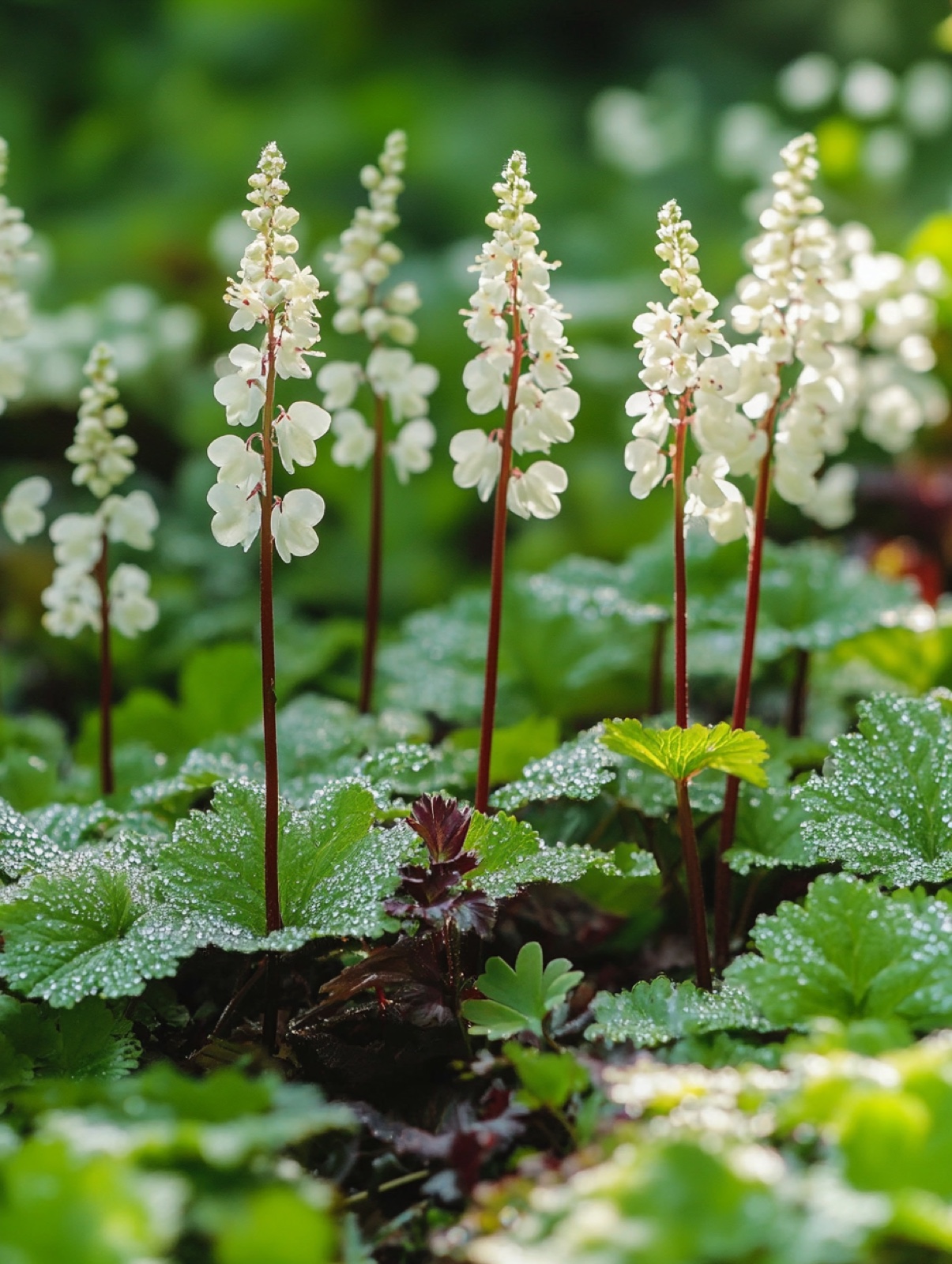 Tiarella cordifolia — schuimige witte bloemaren boven gevlekt hartvormig blad in halfschaduw
