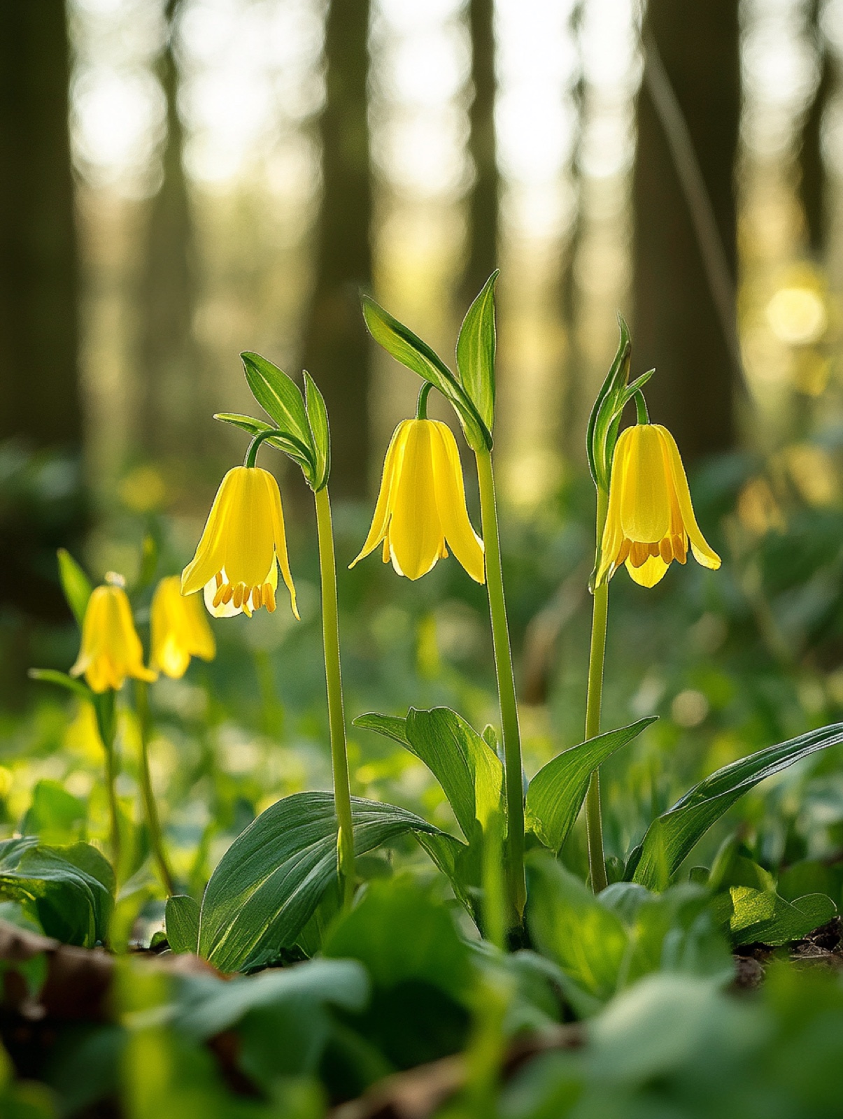 Uvularia grandiflora — hangende citroengele gedraaide klokbloemen aan sierlijk gebogen stengels
