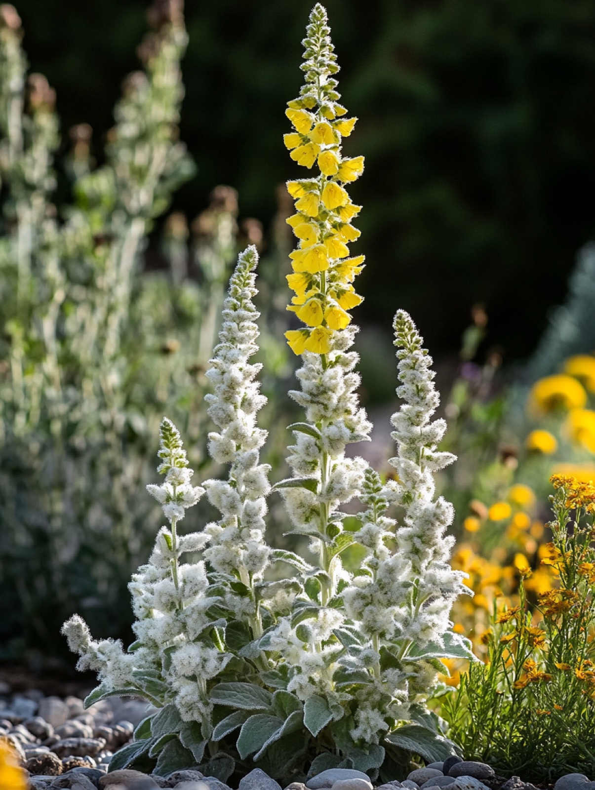 Verbascum bombyciferum — zilveren bladrozet met verticale gele bloemaar