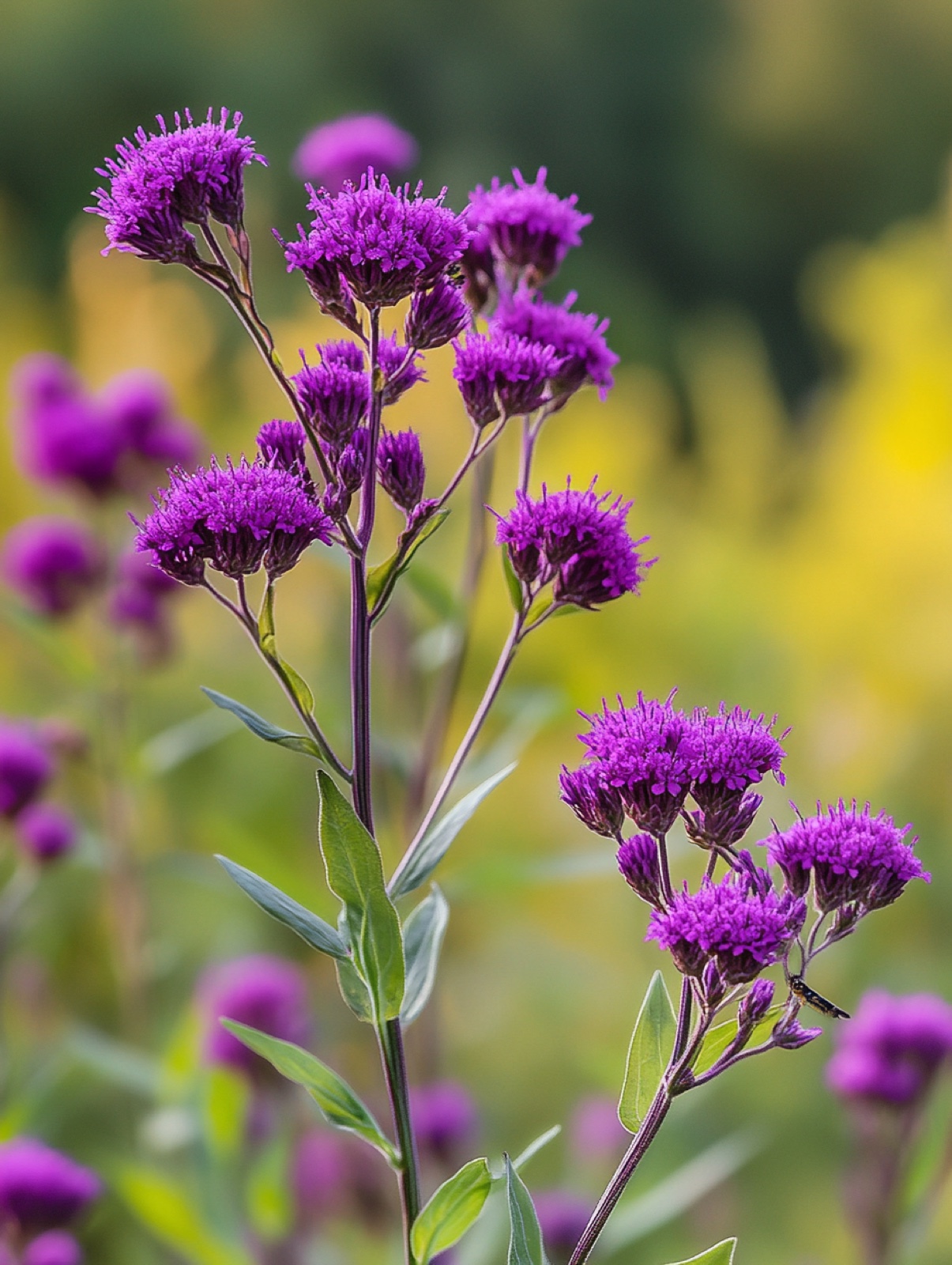 Vernonia — dieppaarse platte bloemschermen op hoge stevige stengels, bezocht door vlinders