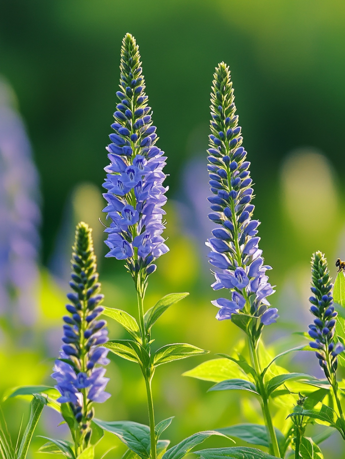 Veronica longifolia — slanke blauwviolette bloemkaarsen boven fris groen blad, bezocht door bijen