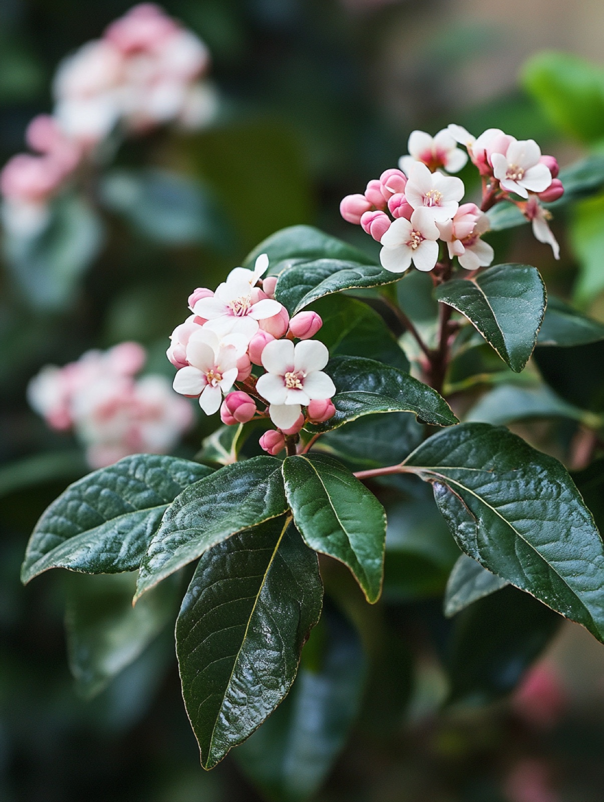 Viburnum tinus — wintergroene struik met roze knoppen die openen tot witte bloemschermen in de winter