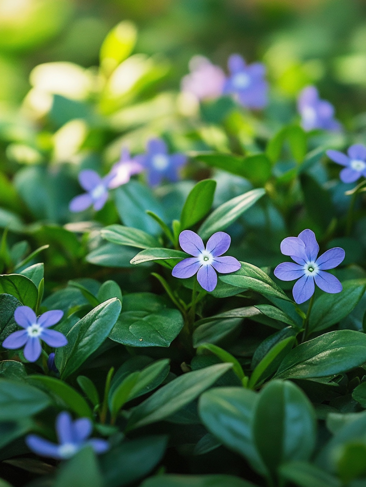 Vinca minor — wintergroen tapijt van glanzend blad bezaaid met violetblauwe stervormige bloemen