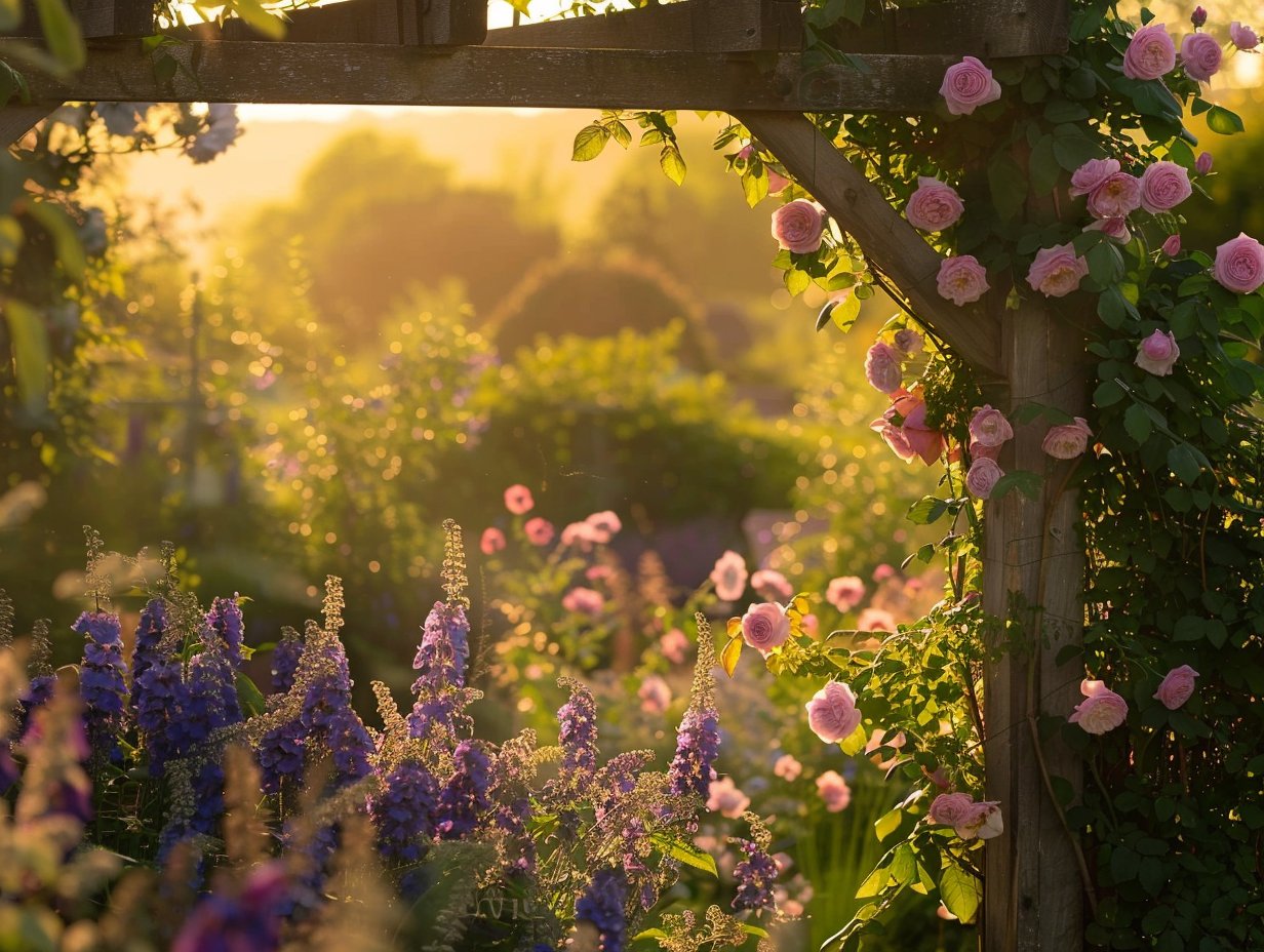 Romantische cottage tuin met rozen en clematis