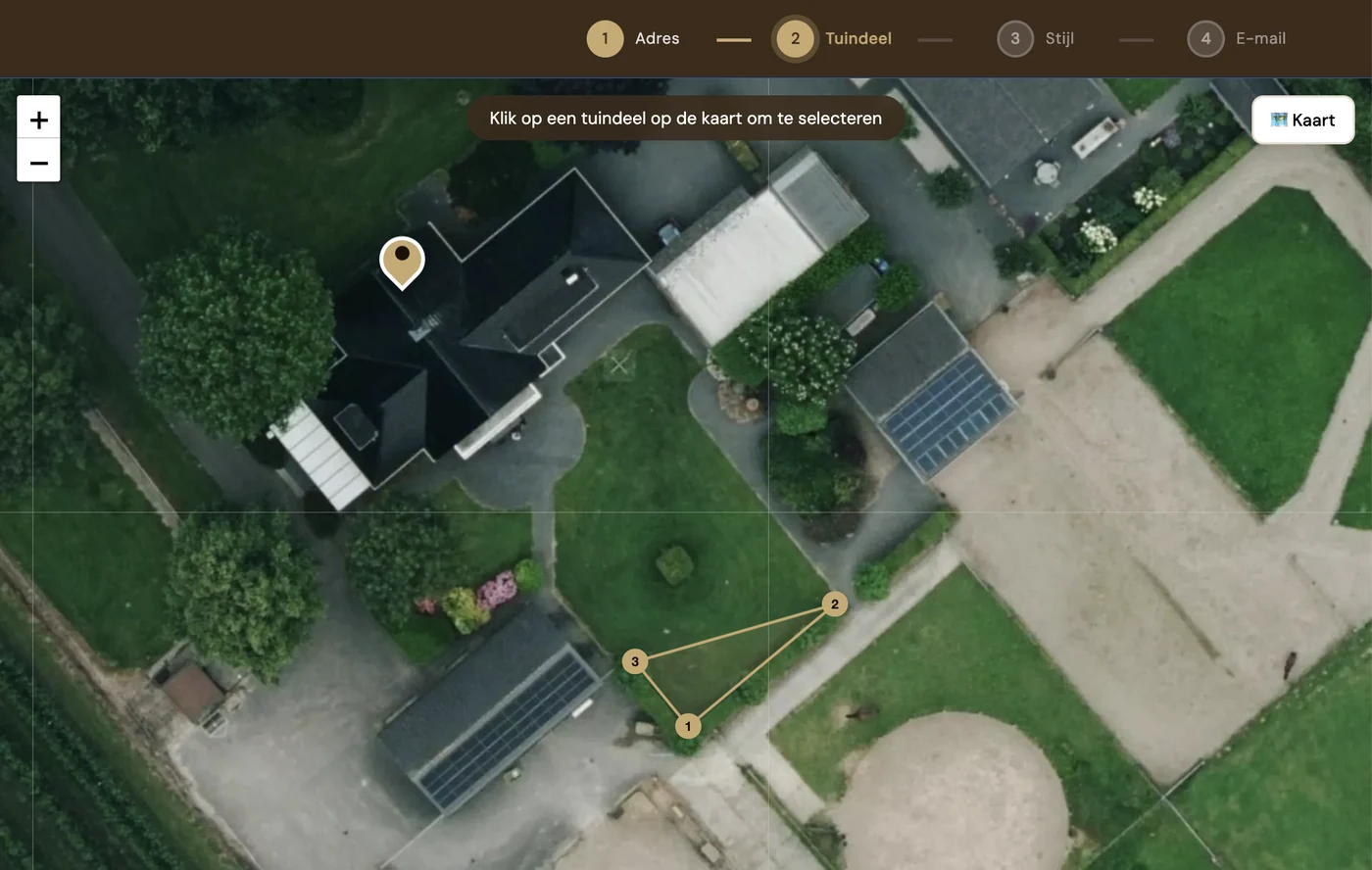 Tuinintake stap 3 — luchtfoto met getekend tuinvlak (3 punten) op het perceel