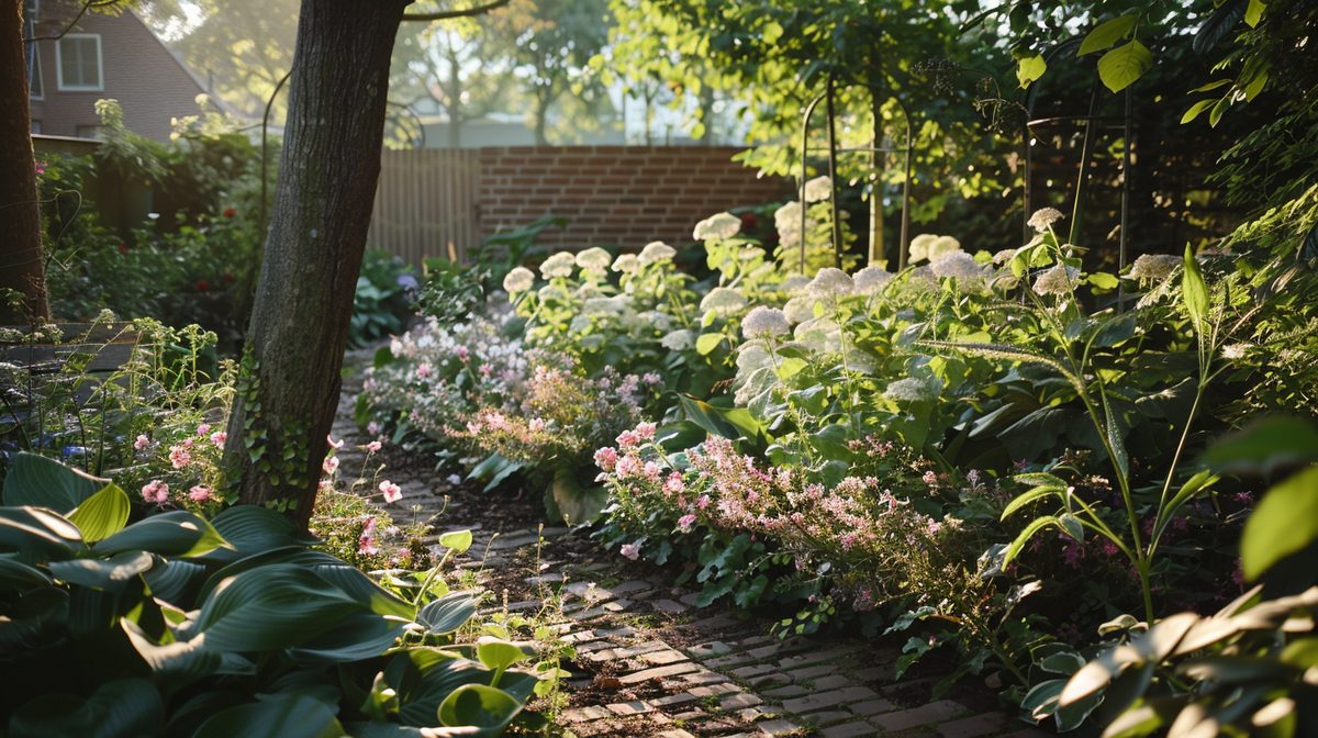 Halfschaduw border met Geranium, Astrantia, Hosta en Phlox