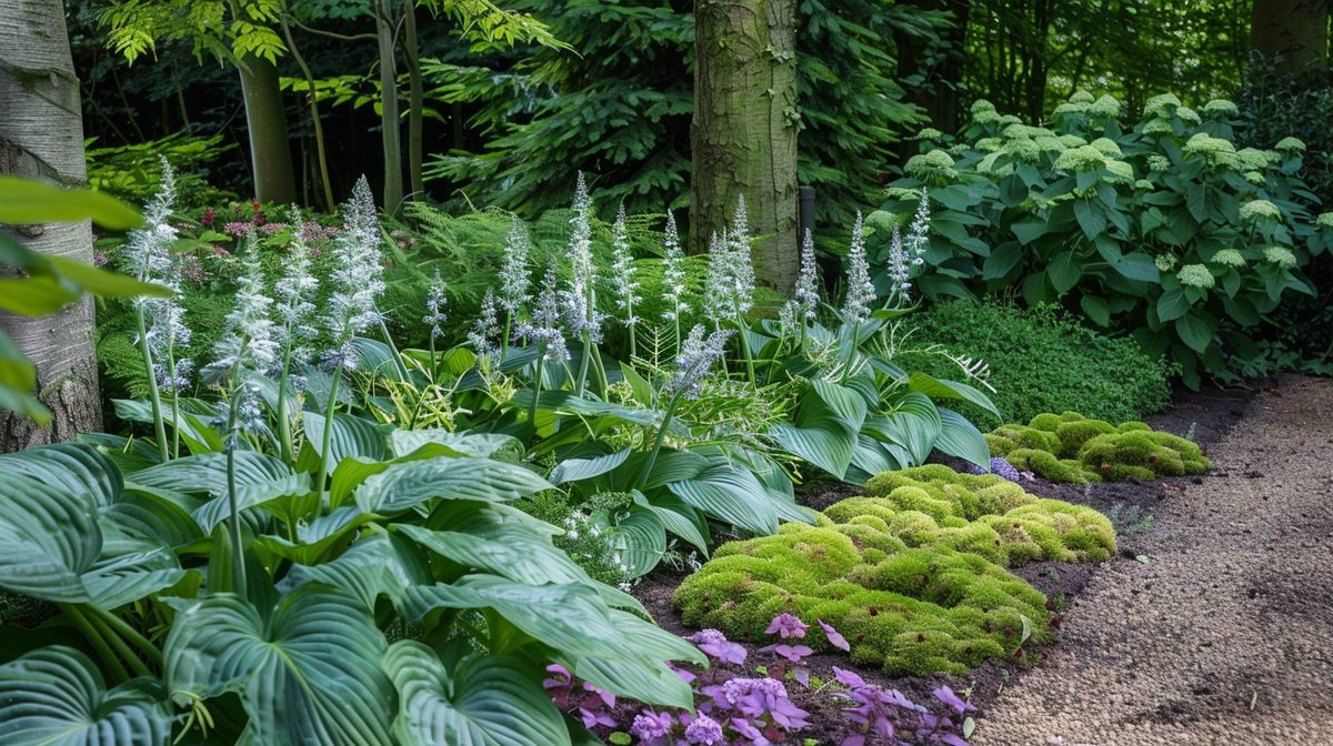 Schaduwtuin met Hosta, varens en wit-bloeiende Astilbe onder boomkronen