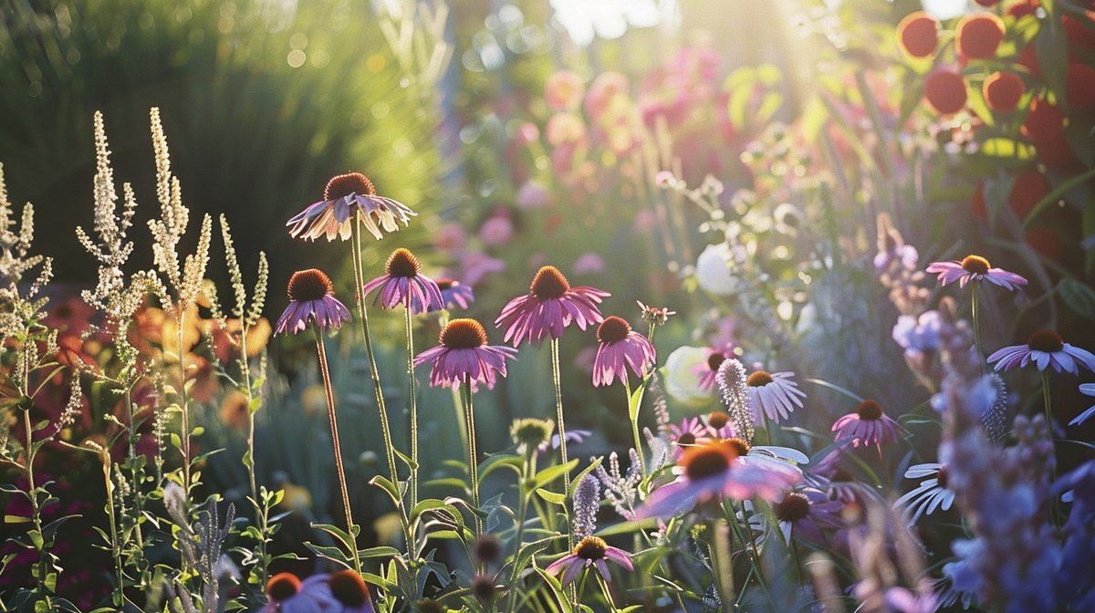 Zonnige border in volle zon met lavendel, Echinacea en siergrassen